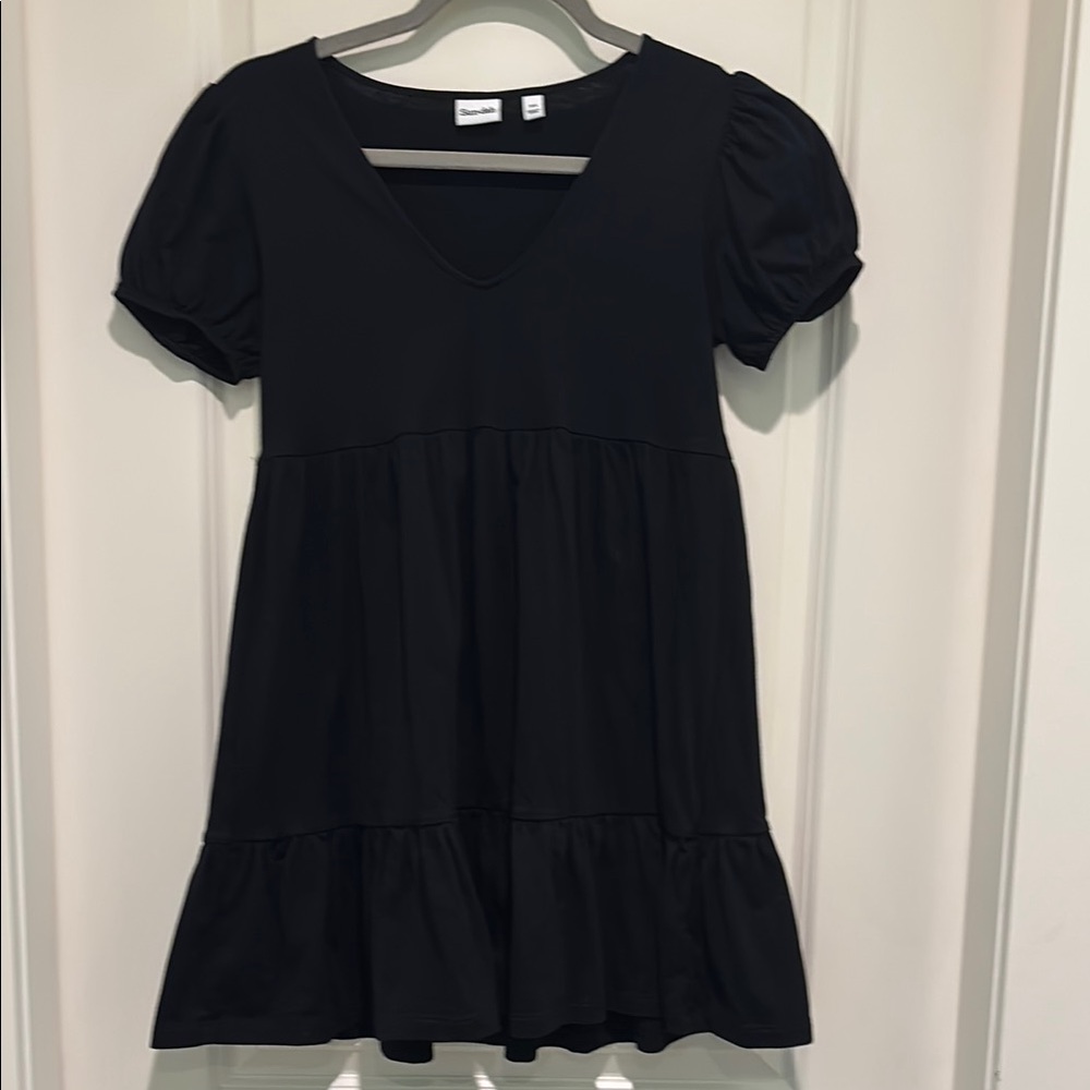 Aritzia Black Scoop Neck Puff Sleeve Mini Dress